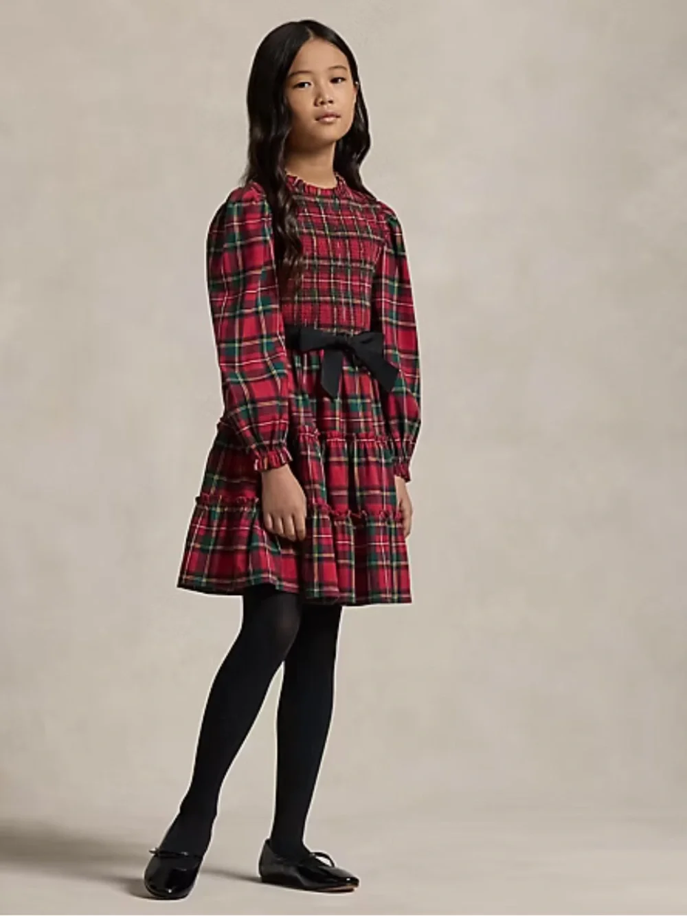 Ralph Lauren Red Green Plaid Smocked Dress with Black Waist Bow
